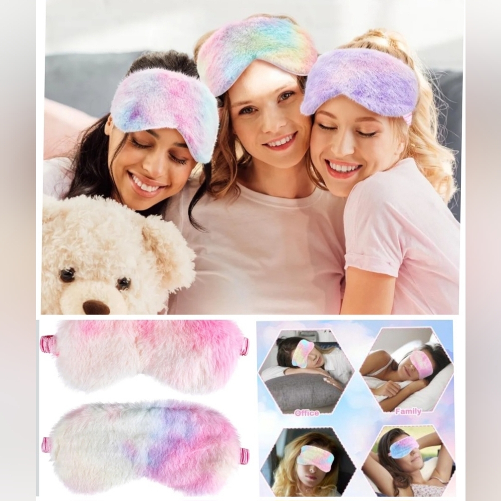 🍎 New 3 Plush Tie Dye Furry Sleep Eye Mask Soft Faux Fur Satin Stretch Band